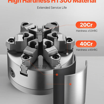 6-Jaw Lathe Chuck, 6 Inch (160 mm), Self-Centering Chuck with D1-4 Cam Lock Backing Plate, 0.12-5.71 in (3-145 mm) Clamping Range with T-wrench Screws, HT300 Material, for Wood Metal Lathe.