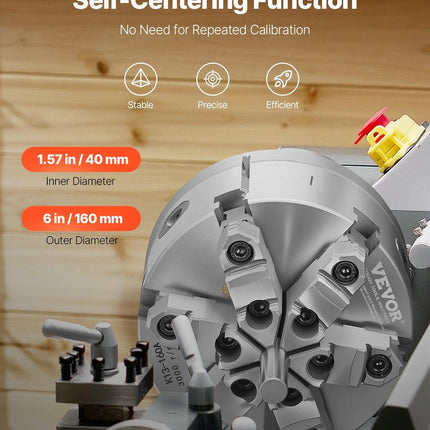 6-Jaw Lathe Chuck, 6 Inch (160 mm), Self-Centering Chuck with D1-4 Cam Lock Backing Plate, 0.12-5.71 in (3-145 mm) Clamping Range with T-wrench Screws, HT300 Material, for Wood Metal Lathe.