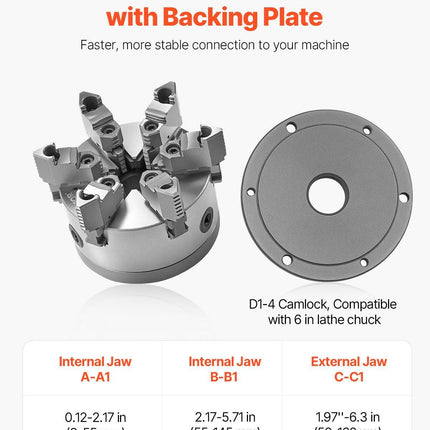 6-Jaw Lathe Chuck, 6 Inch (160 mm), Self-Centering Chuck with D1-4 Cam Lock Backing Plate, 0.12-5.71 in (3-145 mm) Clamping Range with T-wrench Screws, HT300 Material, for Wood Metal Lathe.