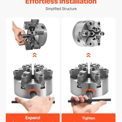 6-Jaw Lathe Chuck, 6 Inch (160 mm), Self-Centering Chuck with D1-4 Cam Lock Backing Plate, 0.12-5.71 in (3-145 mm) Clamping Range with T-wrench Screws, HT300 Material, for Wood Metal Lathe.