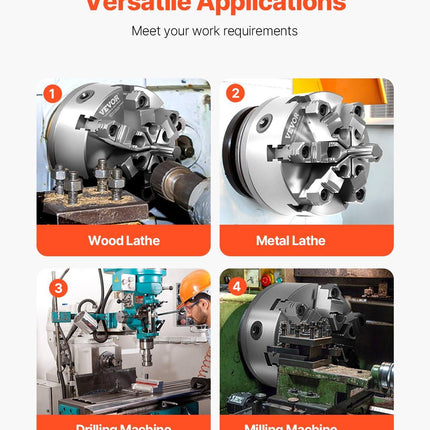 6-Jaw Lathe Chuck, 6 Inch (160 mm), Self-Centering Chuck with D1-4 Cam Lock Backing Plate, 0.12-5.71 in (3-145 mm) Clamping Range with T-wrench Screws, HT300 Material, for Wood Metal Lathe.