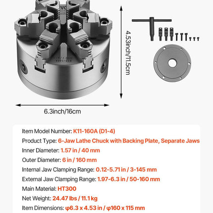 6-Jaw Lathe Chuck, 6 Inch (160 mm), Self-Centering Chuck with D1-4 Cam Lock Backing Plate, 0.12-5.71 in (3-145 mm) Clamping Range with T-wrench Screws, HT300 Material, for Wood Metal Lathe.