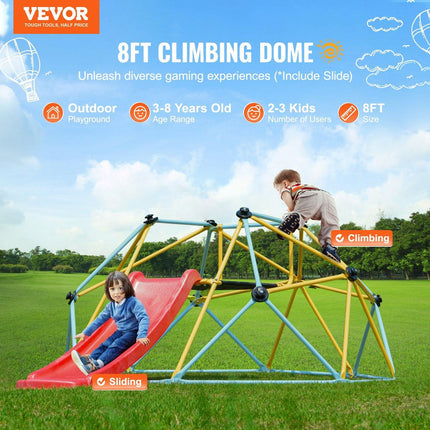 Climbing Dome, 8FT Geometric Dome Climber with Slide, for Kids 3 to 9 Years Old, Jungle Gym Supports 600LBS and Easy Assembly, with Climbing Grip, Outdoor and Indoor Play Equipment for Kids.