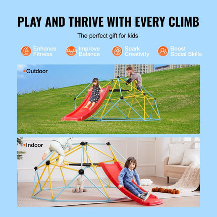 Climbing Dome, 8FT Geometric Dome Climber with Slide, for Kids 3 to 9 Years Old, Jungle Gym Supports 600LBS and Easy Assembly, with Climbing Grip, Outdoor and Indoor Play Equipment for Kids.