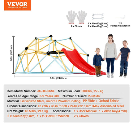 Climbing Dome, 8FT Geometric Dome Climber with Slide, for Kids 3 to 9 Years Old, Jungle Gym Supports 600LBS and Easy Assembly, with Climbing Grip, Outdoor and Indoor Play Equipment for Kids.