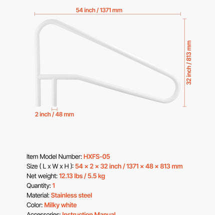 Pool Rail, 137.1 x 81.3 cm Pool Handrail, 100kg Load Capacity Heavy Duty Stainless Steel Swimming Handrail, Seamless Welding, Recessed or Base Mount, for Poolside, Water Parks, Spa Centers.
