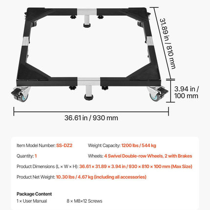 Fridge Stand Mobile Base, 1200 lbs Load Capacity, Washing Machine Stand with 8 Locking Twin Wheels and 4 Brakes, 23-36.6 Inches Adjustable Furniture Dolly for Washer, Refrigerator and Dryer.