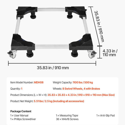 Fridge Stand Mobile Base, 1100 lbs Load Capacity, Washing Machine Stand with 8 Locking Twin Wheels and 4 Brakes, 27.5 -35.4 Inches Adjustable Furniture Dolly for Washer, Refrigerator and Dryer.