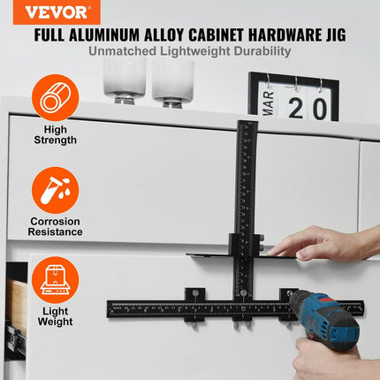 Cabinet Hardware Jig, Aluminum Alloy Cabinet Handle Jig with Center Punch, Adjustable Cabinet Hardware Template Tool, for Installation of Door Drawer Front Knobs Handles and Pulls.