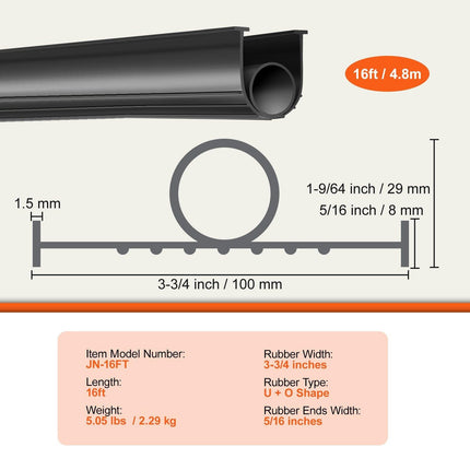Garage Door Seals Bottom Rubber, U Shape +O Ring Combination Garage Door Bottom Weather Seal, 16ft Weatherproofing Garage Door Seal, 5/16 inch T-ends and 3 3/4 inch Width, for Doors, Black.