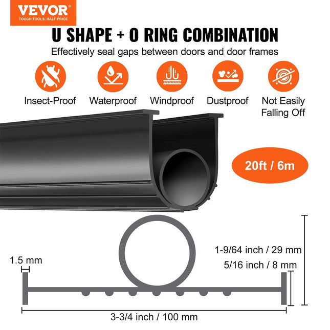 Garage Door Seals Bottom Rubber, U Shape +O Ring Combination Garage Door Bottom Weather Seal, 20ft Weatherproofing Garage Door Seal, 5/16 inch T-ends and 3 3/4 inch Width, for Doors, Black.