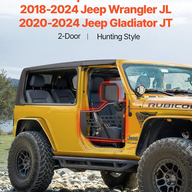 Jeep Tube Doors, 2-Door, Hunting Style Jeep Tubular Door with Heavy-Duty Hinges & OE Latch, Jeep Doors with Rear View Mirrors, Fit for 2018-2024 Jeep Wrangler JL & 2020-2024 Jeep Gladiator JT.