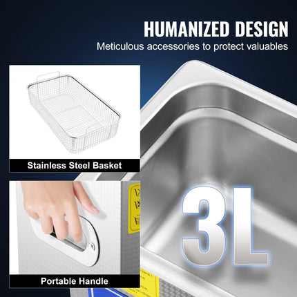 Ultrasonic Cleaner Machine 3L Stainless Steel Ultrasonic Cleaning Machine Digital Heater Timer Jewelry Cleaning for Commercial Personal Home Use (3L).