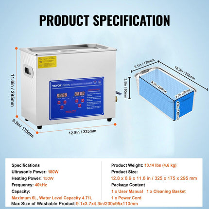 Brand New 6 Liter Stainless Steel Digital Ultrasonic Cleaner w/ Bracket & Drainage System.