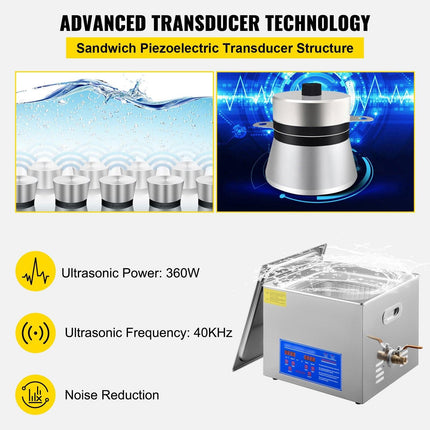 Powerful Stainless Steel 13.5-15 L Liters Ultrasonic Cleaner 360W Digital Heater Timer.