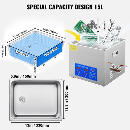 Powerful Stainless Steel 13.5-15 L Liters Ultrasonic Cleaner 360W Digital Heater Timer.