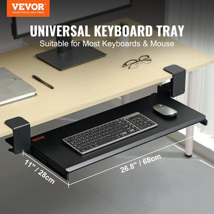 Clamp on Keyboard Tray Under Desk, Desk Keyboard Tray Slide out with Sturdy No-drill C Clamp Mount, Large 26.8 x 11 inch Slide-out Computer Drawer for Typing in Home, Office Work.