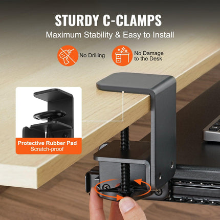 Clamp on Keyboard Tray Under Desk, Desk Keyboard Tray Slide out with Sturdy No-drill C Clamp Mount, Large 26.8 x 11 inch Slide-out Computer Drawer for Typing in Home, Office Work.