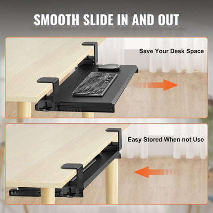 Clamp on Keyboard Tray Under Desk, Desk Keyboard Tray Slide out with Sturdy No-drill C Clamp Mount, Large 26.8 x 11 inch Slide-out Computer Drawer for Typing in Home, Office Work.