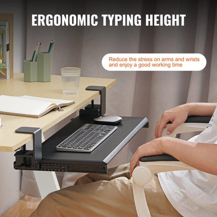 Clamp on Keyboard Tray Under Desk, Desk Keyboard Tray Slide out with Sturdy No-drill C Clamp Mount, Large 26.8 x 11 inch Slide-out Computer Drawer for Typing in Home, Office Work.