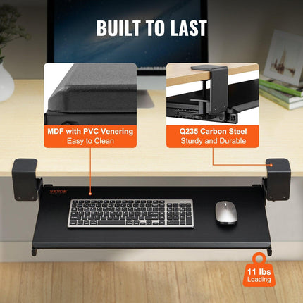 Clamp on Keyboard Tray Under Desk, Desk Keyboard Tray Slide out with Sturdy No-drill C Clamp Mount, Large 26.8 x 11 inch Slide-out Computer Drawer for Typing in Home, Office Work.