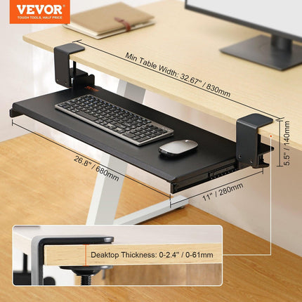 Clamp on Keyboard Tray Under Desk, Desk Keyboard Tray Slide out with Sturdy No-drill C Clamp Mount, Large 26.8 x 11 inch Slide-out Computer Drawer for Typing in Home, Office Work.