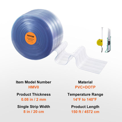 Strip Curtain, 4572 cm Length x 20 cm Width x 2 mm Thickness, Clear Ribbed PVC Curtain Strip Door Bulk Roll, Plastic Door Strips for Doorways of Supermarket, Garage, Warehouse, Barn, Pet House.