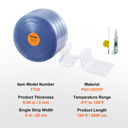 Strip Curtain, 164' Length x 8" Width x 0.08" Thickness, Clear Ribbed PVC Curtain Strip Door Bulk Roll, Plastic Door Strips for Doorways of Supermarket, Garage, Warehouse, Barn, Pet Animal House.