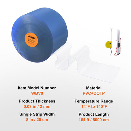 Strip Curtain, 5000 cm Length x 20 cm Width x 2 mm Thickness, Clear PVC Smooth Curtain Strip Door Bulk Roll, Plastic Door Strips for Doorways of Supermarket, Garage, Warehouse, Barn, Pet House.