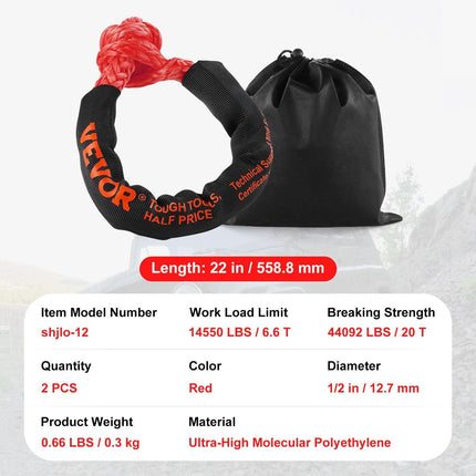 Synthetic Soft Shackle Rope, 2 Pack 12.7 x 558.8 mm 20 Ton Breaking Strength Recovery Tow Shackles with Extra 2 Sleeves and Storage Bag for UTV, ATV, Trucks, Jeep, Off-Road Vehicles Towing, Red.