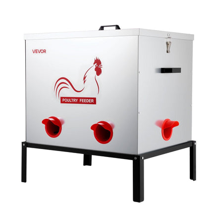 Automatic Chicken Feeder, 38.56 kg Capacity, 6 Feeding Ports No-Waste Poultry Feeder with Built-In Divider, with Latch & Handle, Metal Construction, for Chickens Bantams Pheasants Poultry Coop.