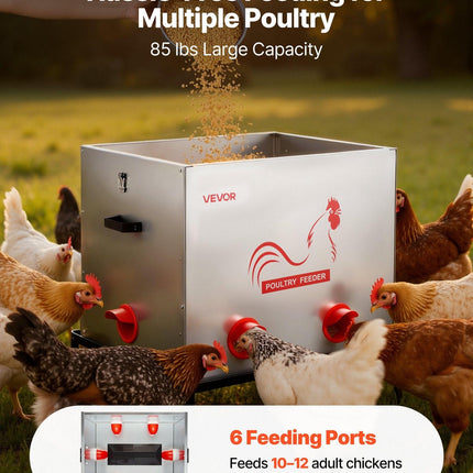 Automatic Chicken Feeder, 38.56 kg Capacity, 6 Feeding Ports No-Waste Poultry Feeder with Built-In Divider, with Latch & Handle, Metal Construction, for Chickens Bantams Pheasants Poultry Coop.