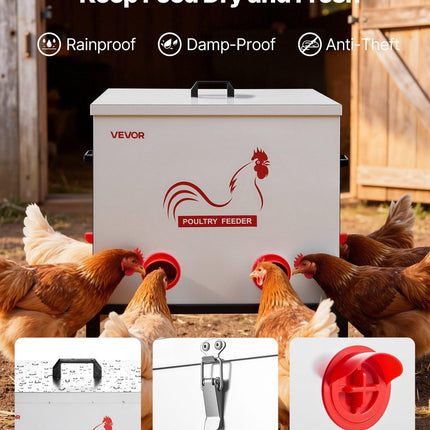 Automatic Chicken Feeder, 38.56 kg Capacity, 6 Feeding Ports No-Waste Poultry Feeder with Built-In Divider, with Latch & Handle, Metal Construction, for Chickens Bantams Pheasants Poultry Coop.