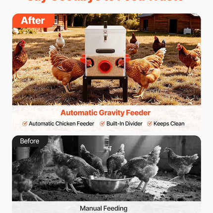 Automatic Chicken Feeder, 38.56 kg Capacity, 6 Feeding Ports No-Waste Poultry Feeder with Built-In Divider, with Latch & Handle, Metal Construction, for Chickens Bantams Pheasants Poultry Coop.