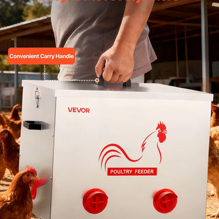 Automatic Chicken Feeder, 38.56 kg Capacity, 6 Feeding Ports No-Waste Poultry Feeder with Built-In Divider, with Latch & Handle, Metal Construction, for Chickens Bantams Pheasants Poultry Coop.