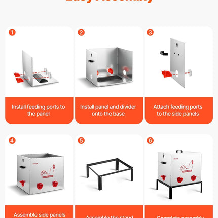 Automatic Chicken Feeder, 38.56 kg Capacity, 6 Feeding Ports No-Waste Poultry Feeder with Built-In Divider, with Latch & Handle, Metal Construction, for Chickens Bantams Pheasants Poultry Coop.