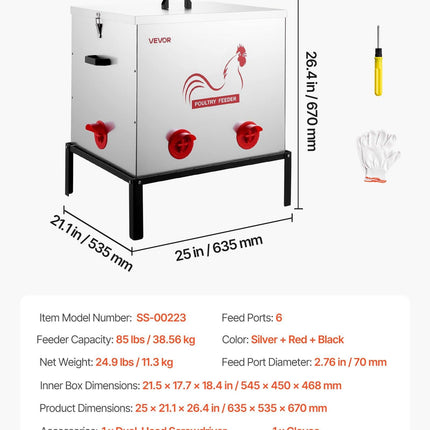 Automatic Chicken Feeder, 38.56 kg Capacity, 6 Feeding Ports No-Waste Poultry Feeder with Built-In Divider, with Latch & Handle, Metal Construction, for Chickens Bantams Pheasants Poultry Coop.
