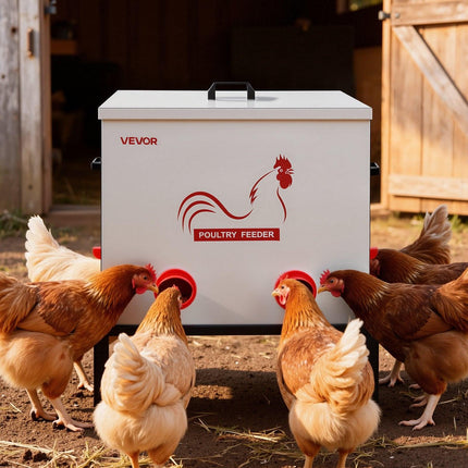 Automatic Chicken Feeder, 38.56 kg Capacity, 6 Feeding Ports No-Waste Poultry Feeder with Built-In Divider, with Latch & Handle, Metal Construction, for Chickens Bantams Pheasants Poultry Coop.