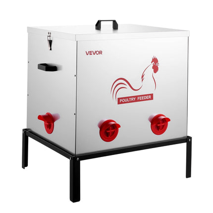 Automatic Chicken Feeder, 38.56 kg Capacity, 6 Feeding Ports No-Waste Poultry Feeder with Built-In Divider, with Latch & Handle, Metal Construction, for Chickens Bantams Pheasants Poultry Coop.