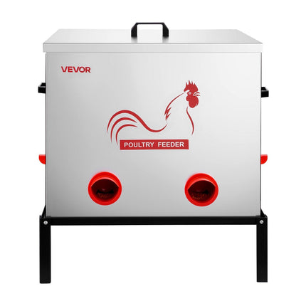 Automatic Chicken Feeder, 38.56 kg Capacity, 6 Feeding Ports No-Waste Poultry Feeder with Built-In Divider, with Latch & Handle, Metal Construction, for Chickens Bantams Pheasants Poultry Coop.