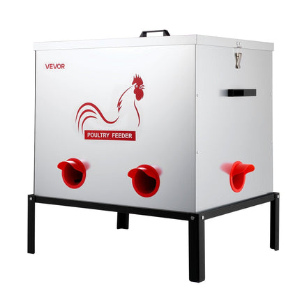 Automatic Chicken Feeder, 38.56 kg Capacity, 6 Feeding Ports No-Waste Poultry Feeder with Built-In Divider, with Latch & Handle, Metal Construction, for Chickens Bantams Pheasants Poultry Coop.