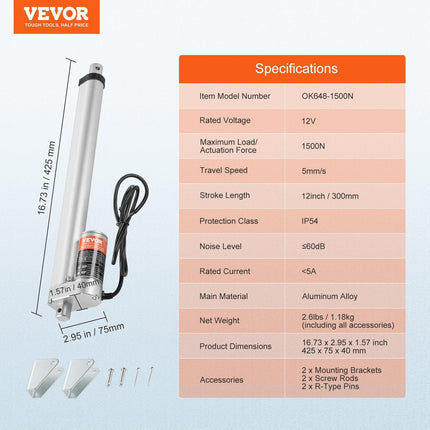 Linear Actuator 12V, 12 Inch High Load 330lbs/1500N Linear Actuator, 0.19"/s Linear Motion Actuator with Mounting Bracket and IP54 Protection.