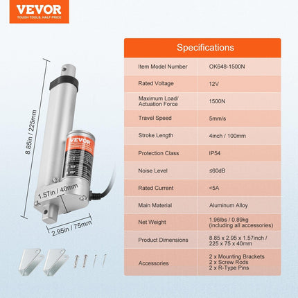 Linear Actuator 12V, 4 Inch High Load 330lbs/1500N Linear Actuator, 0.19"/s Linear Motion Actuator with Mounting Bracket and IP54 Protection.