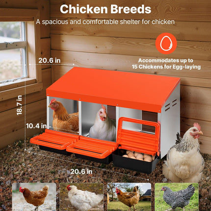 Chicken Nest Box, 3-Compartment, 15 to 30 in Stable & Corrosion-Resistant Metal Nesting Boxes with Inclined Nesting Boxes, Bottom Holes & Resting Platform, Fit for Different Chicken Breeds.
