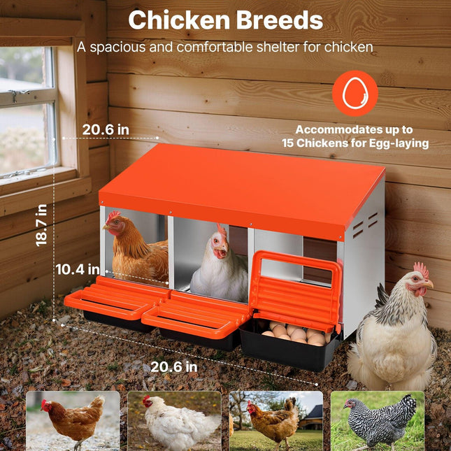 Chicken Nest Box, 3-Compartment, 15 to 30 in Stable & Corrosion-Resistant Metal Nesting Boxes with Inclined Nesting Boxes, Bottom Holes & Resting Platform, Fit for Different Chicken Breeds.