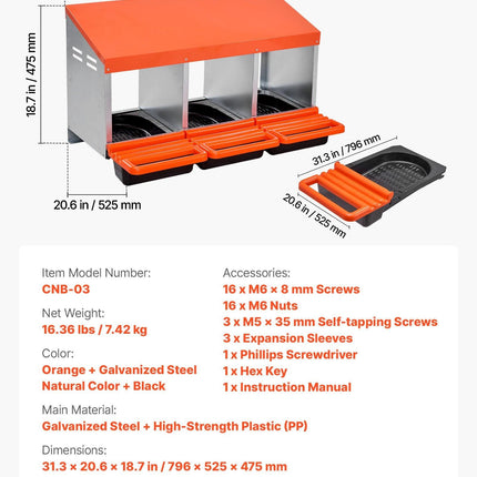 Chicken Nest Box, 3-Compartment, 15 to 30 in Stable & Corrosion-Resistant Metal Nesting Boxes with Inclined Nesting Boxes, Bottom Holes & Resting Platform, Fit for Different Chicken Breeds.