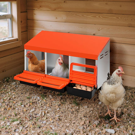 Chicken Nest Box, 3-Compartment, 15 to 30 in Stable & Corrosion-Resistant Metal Nesting Boxes with Inclined Nesting Boxes, Bottom Holes & Resting Platform, Fit for Different Chicken Breeds.
