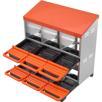 2 Tiers Chicken Nesting Boxes, 6 Compartments, Metal Egg Laying Boxes with Protective Collection Lids, Roll Out Nesting Box, Easy to Assemble, Ideal for Hens, Ducks, Chickens, and Other Poultry.