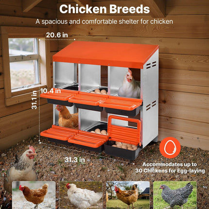 2 Tiers Chicken Nesting Boxes, 6 Compartments, Metal Egg Laying Boxes with Protective Collection Lids, Roll Out Nesting Box, Easy to Assemble, Ideal for Hens, Ducks, Chickens, and Other Poultry.