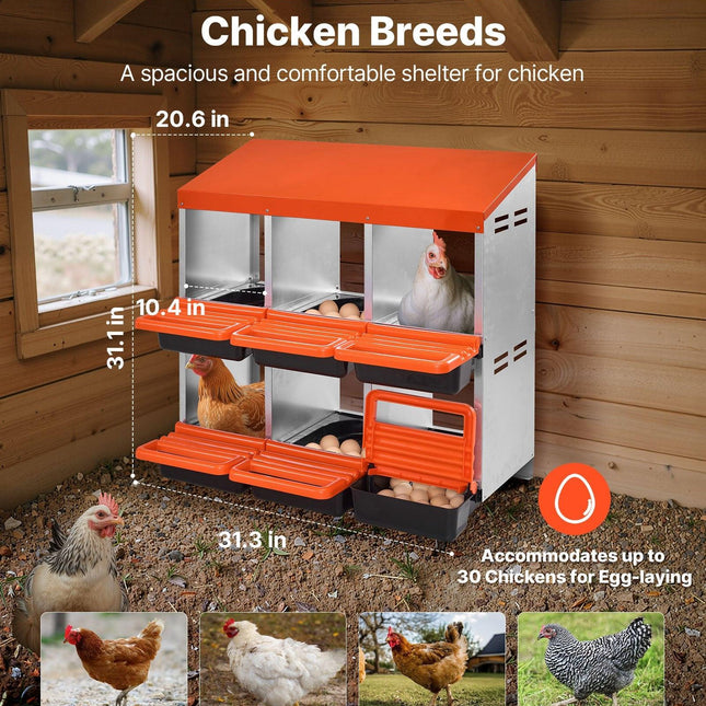 2 Tiers Chicken Nesting Boxes, 6 Compartments, Metal Egg Laying Boxes with Protective Collection Lids, Roll Out Nesting Box, Easy to Assemble, Ideal for Hens, Ducks, Chickens, and Other Poultry.